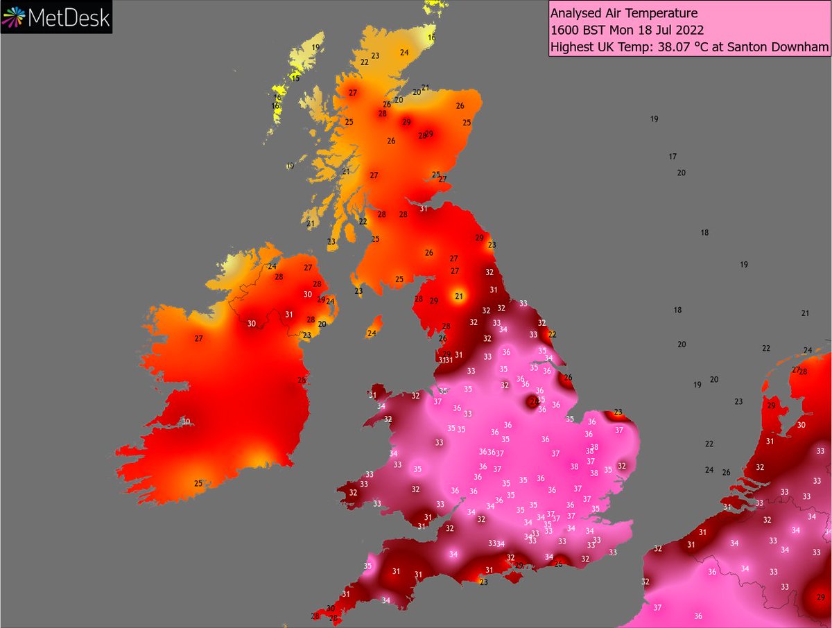 metdesk's tweet photo. Two temperature records just obliterated!

37.1C at Hawarden has thrashed the previous Welsh record of 35.2C.
37.5C recorded in Jersey, a new island record!

Bude in Cornwall also recorded 35.7C, completely astounding for a Cornish town! #heatwaveuk #Heatwave2022 https://t.co/FP3LETvUfi