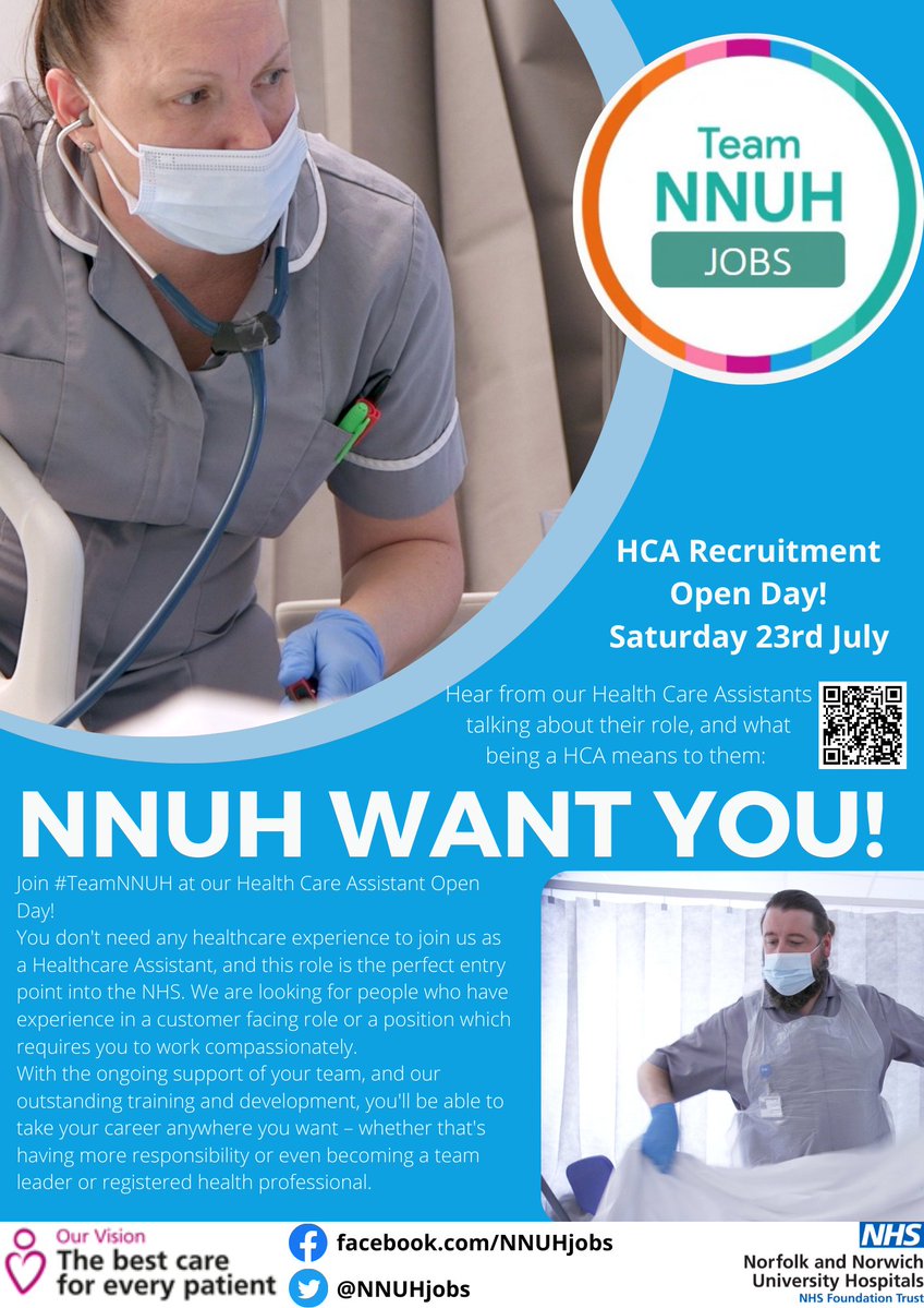 Exciting weekend coming up!

Health Care Assistant Open Day 23rd July

Apply today jobs.nnuh.nhs.uk/job/v4400221
or simply turn up on Saturday afternoon, at the Bob Champion Research &amp; Education Building for our walk-in interview slots

This is a great chance to join the NHS 💙