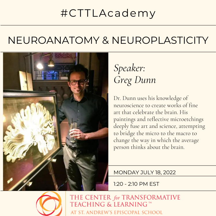 Oh synapse! Today we have <a href="/GDunnArt/">Greg Dunn Neuro Art</a> presenting on neuroanatomy and neuroplasticity 🧠 

Reimagine the complexities of our minds through art.

Join #CTTLAcademy TODAY starting at 1 PM to hear from Dr. Dunn whose strokes of genius are featured in collections around the world.