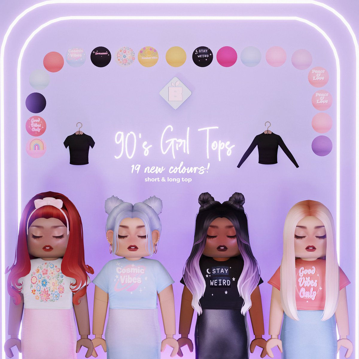 WearBlueberry's tweet photo. New top colors and graphics available now! Which one fits your #mood? I'm feeling the cosmic vibes. ✨

https://t.co/VebUuOTb4S

#ugc #Roblox #robloxugc #Robloxdev #roblox #RobloxDesigner #robloxclothes #robloxclothing #digitalfashion #metaverse #fashion 
#blueberry https://t.co/xyrrepQm8i
