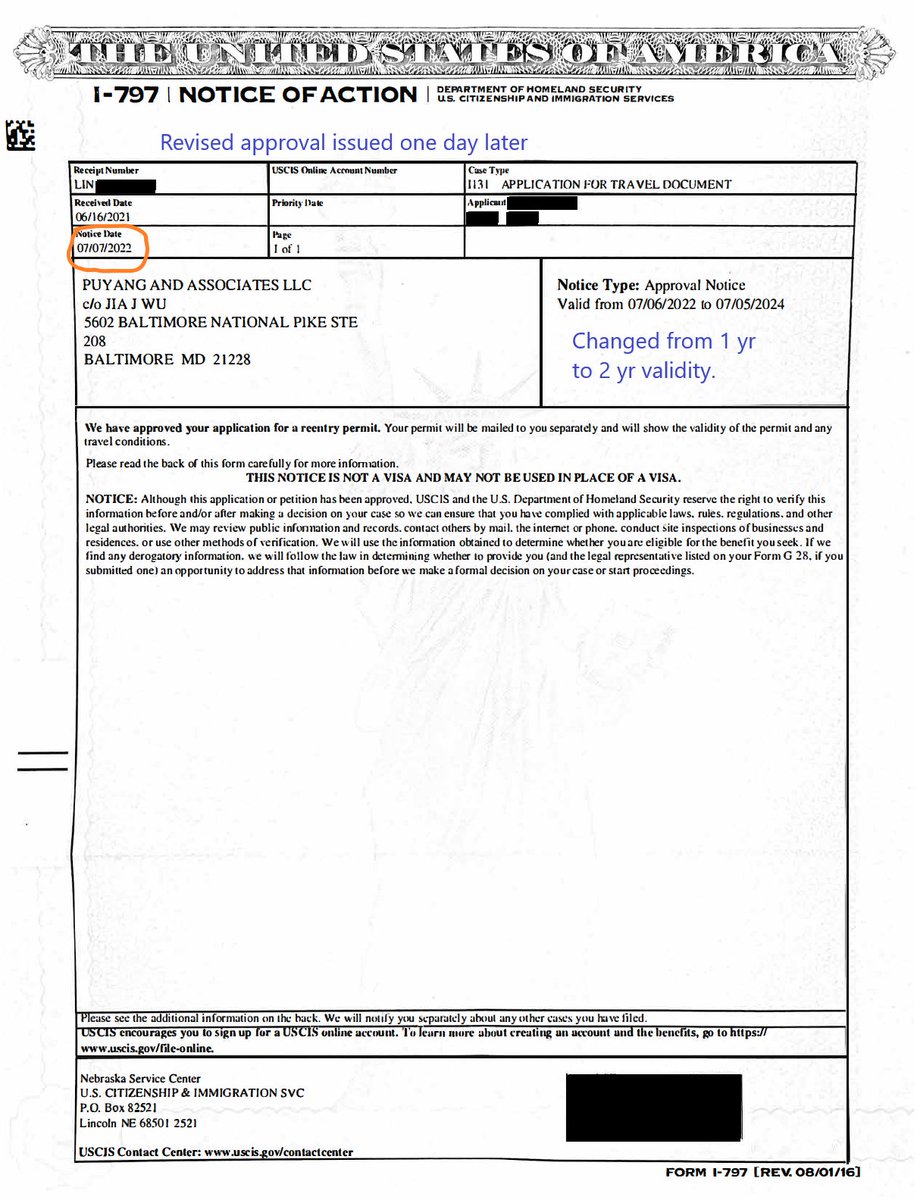jayw_u's tweet photo. The one good news of having waited one year to receive a re-entry permit (I-131) - getting a revised approval the next day with a full 2-year validity period. #I131 #reentrypermit https://t.co/xmEenN6VO0