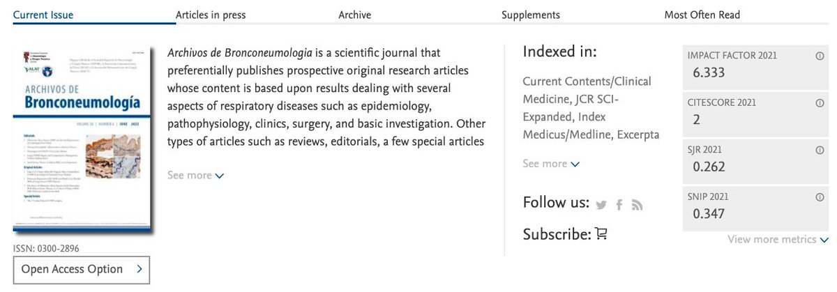 SEPAR's Archivos de Bronconeumología has achieved an impact factor of 6.33 points, which once again places it in the first quartile (Q1) of journals dedicated to respiratory pathology.

👇 Do not miss it!

🔗 archbronconeumol.org/?codref=B5z2Bn…

#SEPARrespira #BronconeumolgyArchives