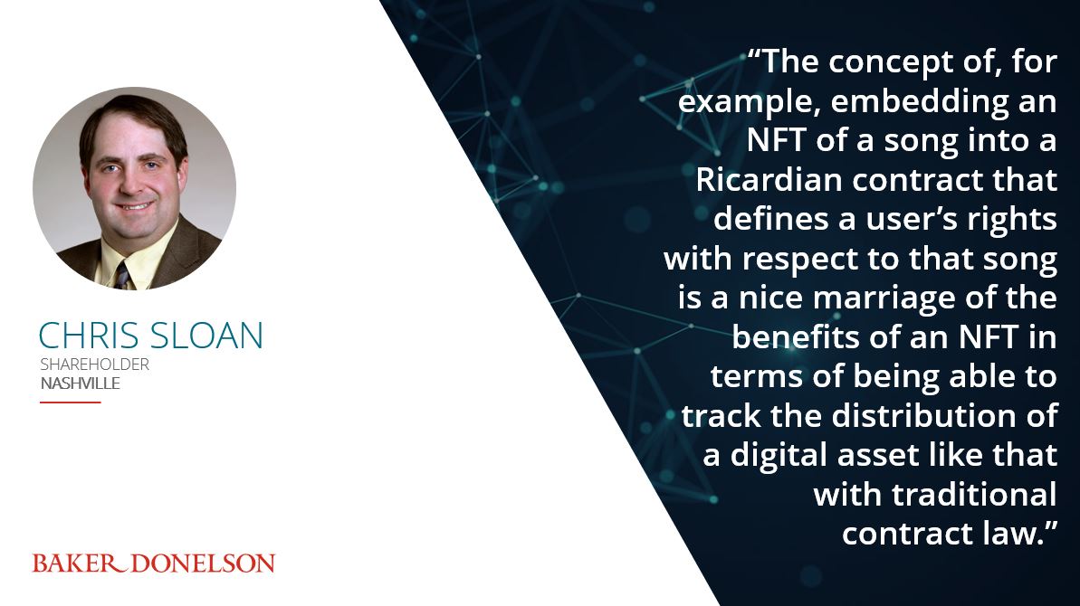 Baker_Donelson's tweet photo. Chris Sloan discusses the @Vleppo_Official Blockchain CMS, designed for #blockchain industry and #NFT owners to establish and enable their legal rights in NFTs and digital transactions so that they are legally enforceable in courts around the world. https://t.co/ajAehh8T9v https://t.co/6Fal4qdLoY