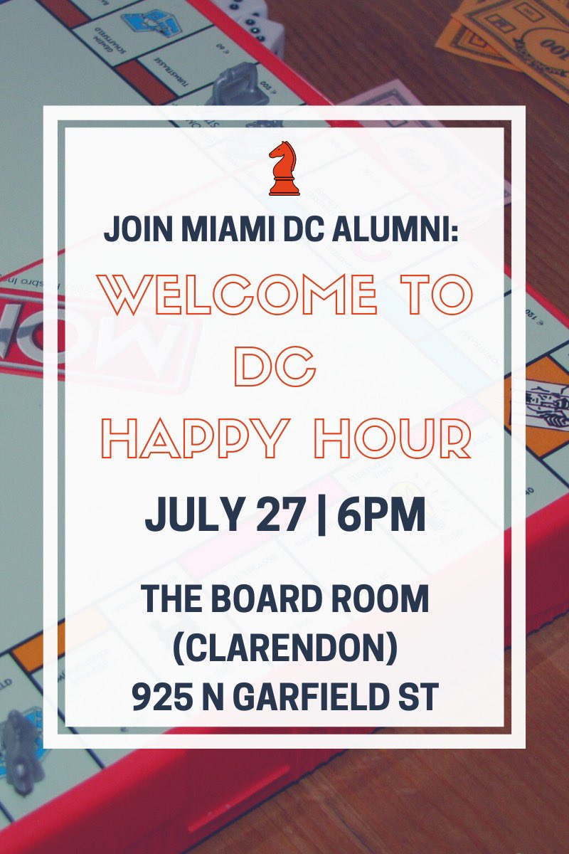 MiamiDCAlumni's tweet photo. Join us on July 27th for a board game happy hour to welcome new grads to the city! See you there! https://t.co/p0CkoG2avo