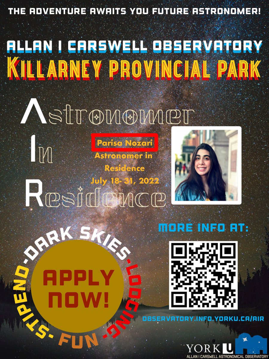 yorkobservatory's tweet photo. Our next Astronomer in Residence (AIR) is arriving at Killarney Park this July 18th! Astronomer Parisa Nozari will be up at Killarney Park until July 31st. Parisa is a graduate student in Astronomy and Astrophysics at Queen's University. https://t.co/8th9PIW77h