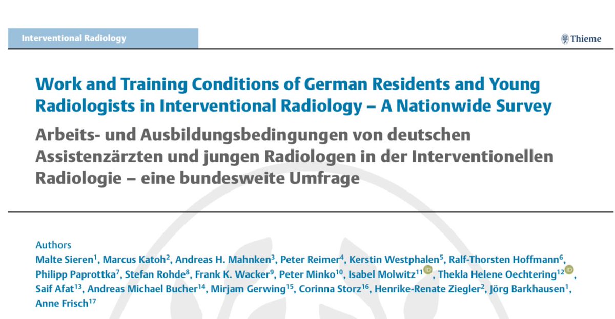 The results of a German national survey examining the status-quo of Interventional Radiology training was just published in #Röfo. This survey is the first step in identifying current trends and challenges of IR training in Germany <a href="/DRG_de/">DRG.de</a> #DeGIR <a href="/cirsesociety/">CIRSE</a> <a href="/SIRspecialists/">Society of Interventional Radiology</a>