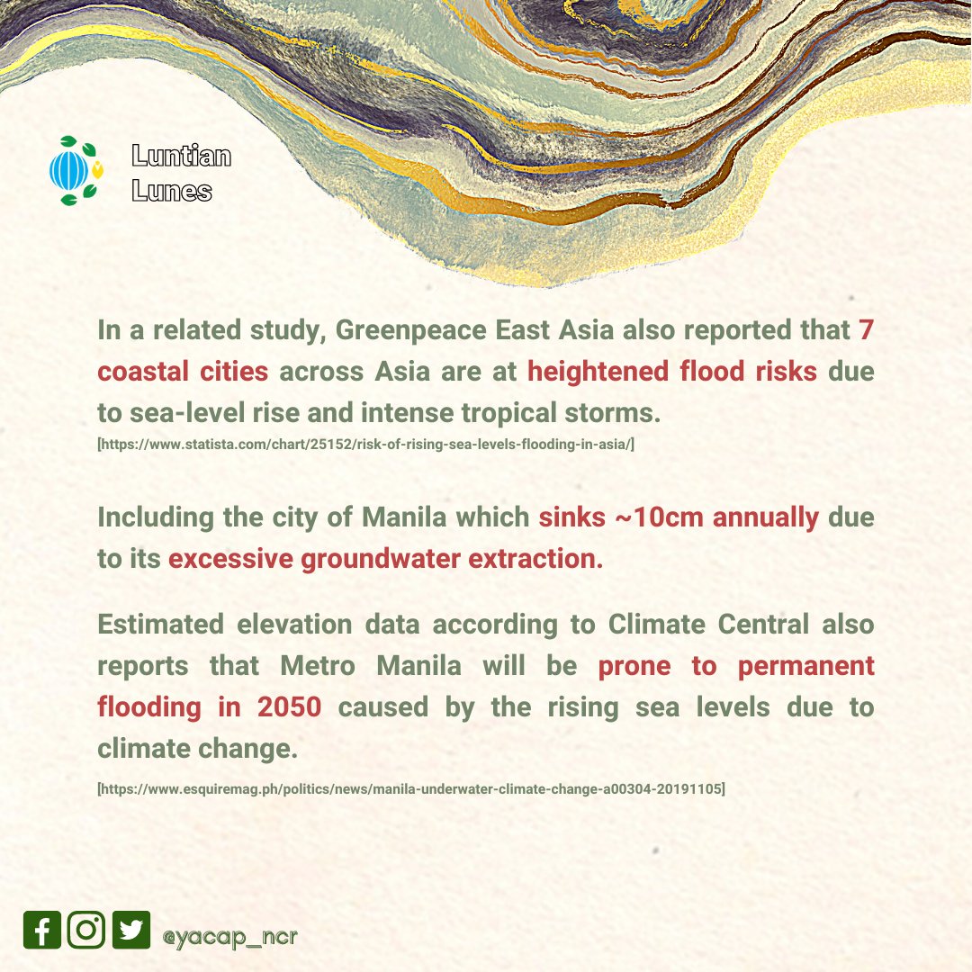 We are sinking; 
It's getting hotter.

This week's Luntian Lunes gives us a glance on the implications of climate change in the NCR. 

#LuntianLunes 
#SystemChangeNotClimateChange
#PeopleOverProfit