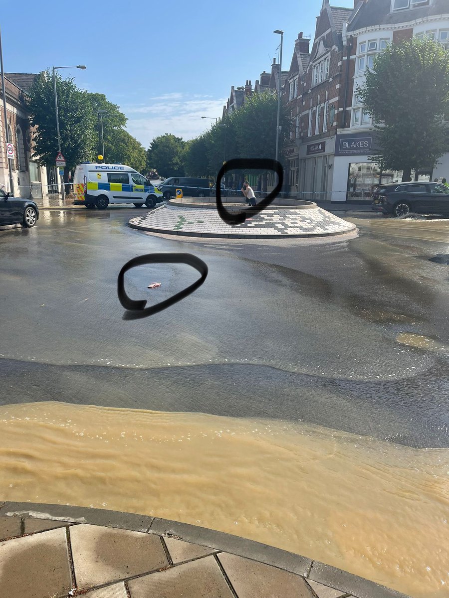 There was a burst water/sewage pipe on #Kingston Hill today. Still no word as to whether this chap managed to get out from the safety of a roundabout and rescue his flip flop.