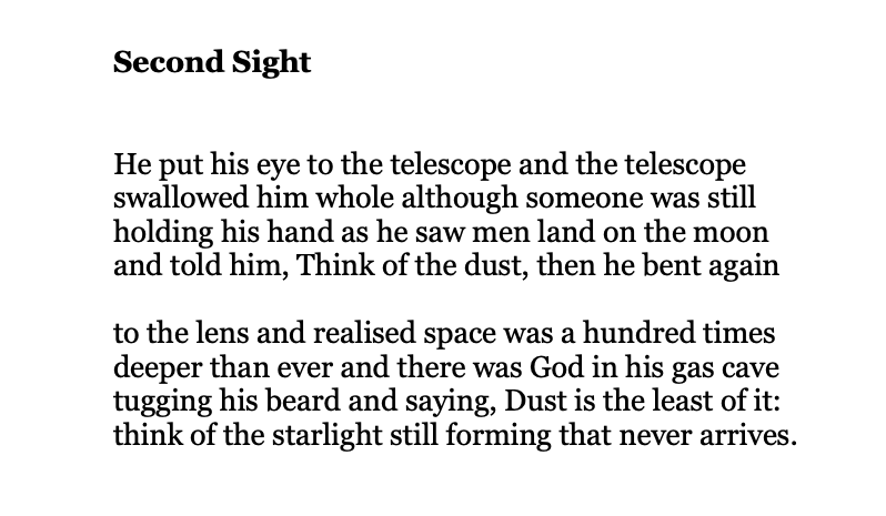 MayaCPopa's tweet photo. "Dust is the least of it: / think of the starlight still forming that never arrives."

Thinking of the Webb telescope images...

I love this quietly brilliant poem by Andrew Motion written for astrophysicist Adam Riess: https://t.co/8PkDf7zTWd