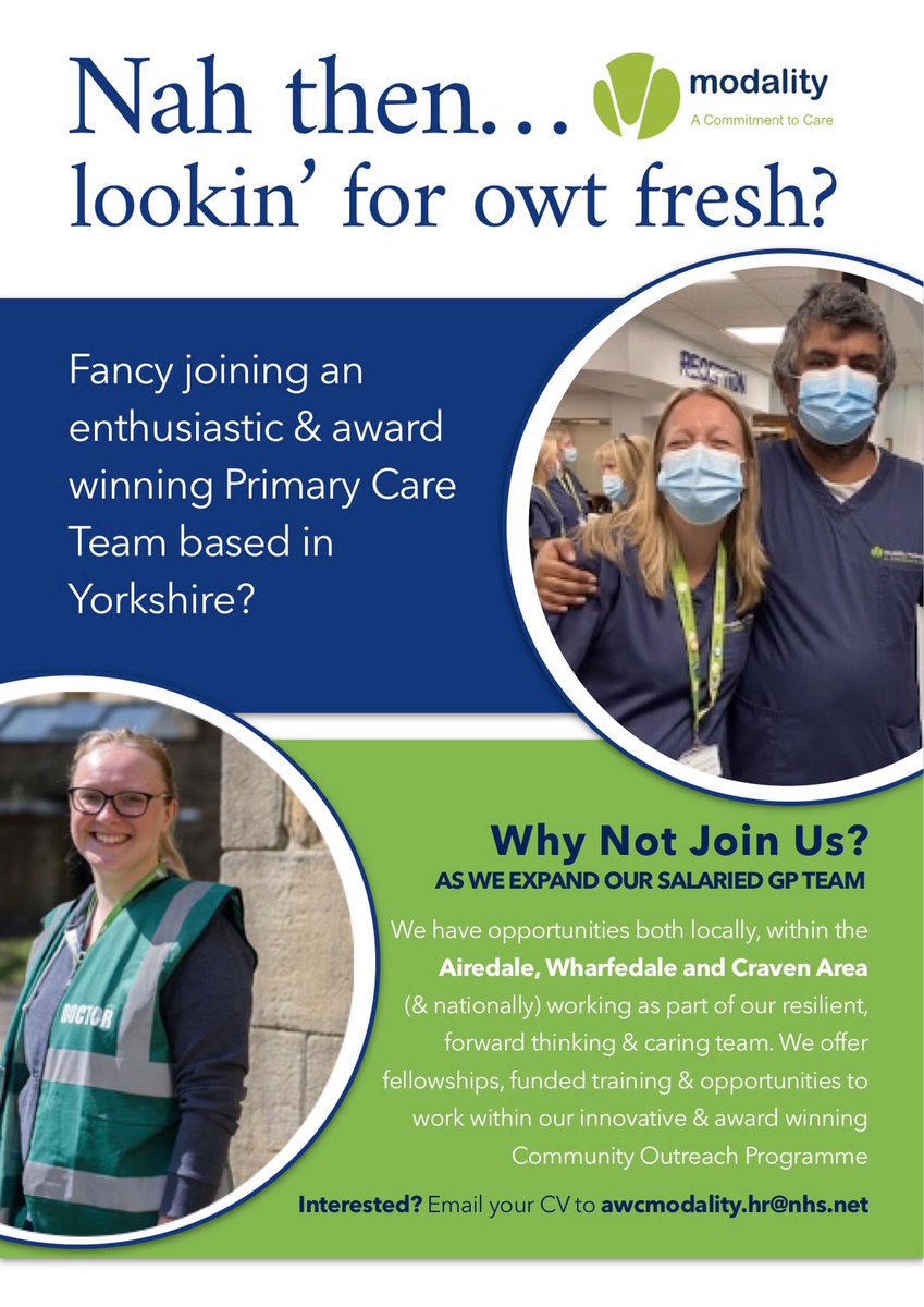 DrSJhaj's tweet photo. Fancy joining an enthusiastic and award winning Primary Care Team based in Yorkshire? Send you CV to awcmodality.hr@nhs.net 

I realise I'm biased, but it's a lovely part of the country to live and work in (not just in the blazing sunshine).  

#modality  #gpjobs #yorkshire https://t.co/7XyH9buNFD