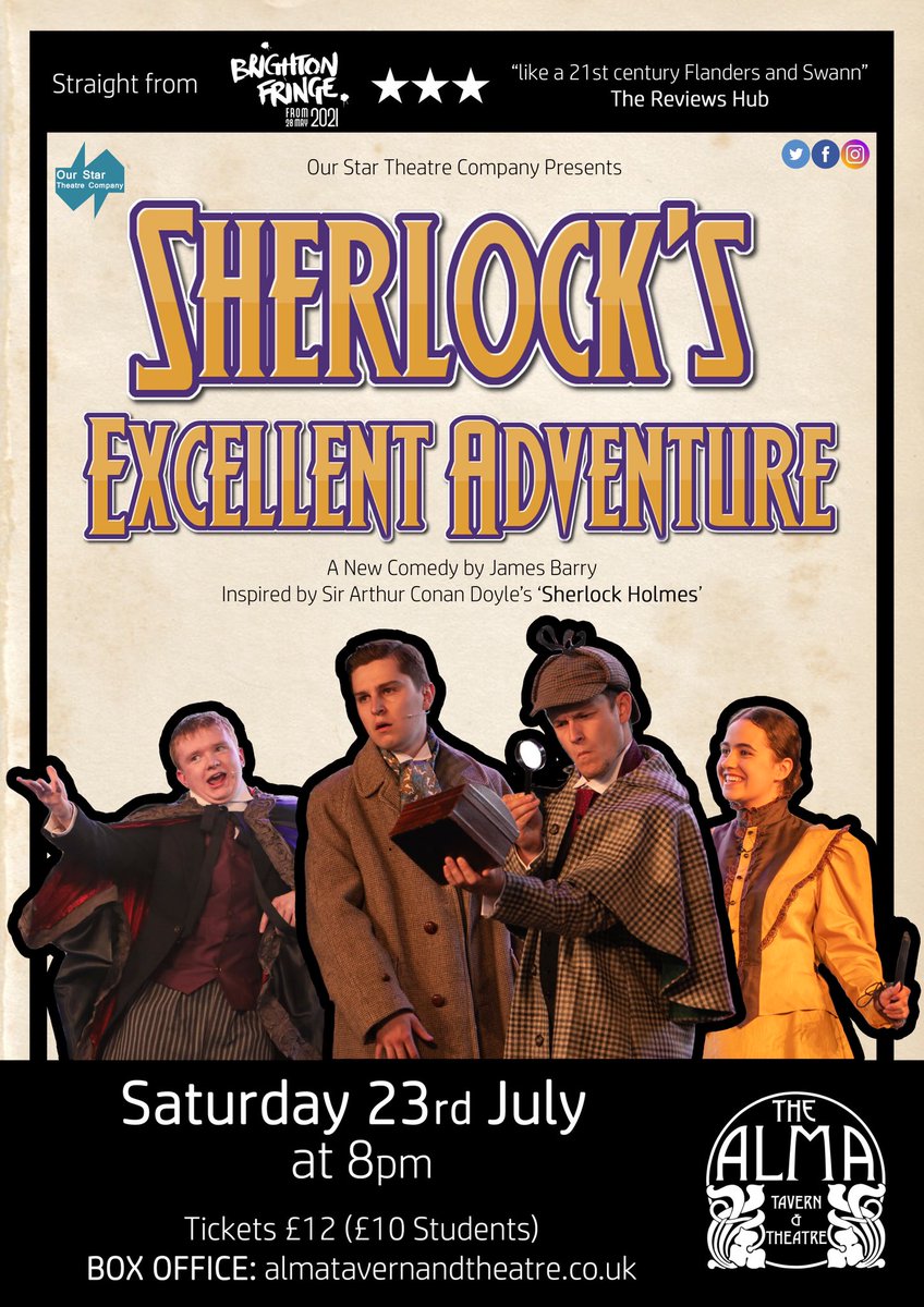 ourstartheatre's tweet photo. So it’s goodbye to Murder Mystery for now as we return to another mystery with Sherlock Holmes’ at the @AlmaBristol on Saturday!😁🌟

#OurStarTheatreCompany #Putley #Ledbury #Herefordshire #AlmaTavern #SherlockHolmes #MurderMystery https://t.co/uxUe7ZEl78