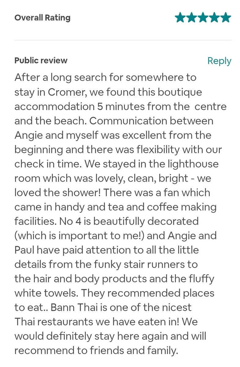 We just love our wonderful guests! Reviews like this make us grin from ear to ear! Thank you!! 😃🤩 

#5starreview #airbnbsuperhost
 #seasideaccommodation #bandbuk #Norfolk #Cromer #guestaccommodation