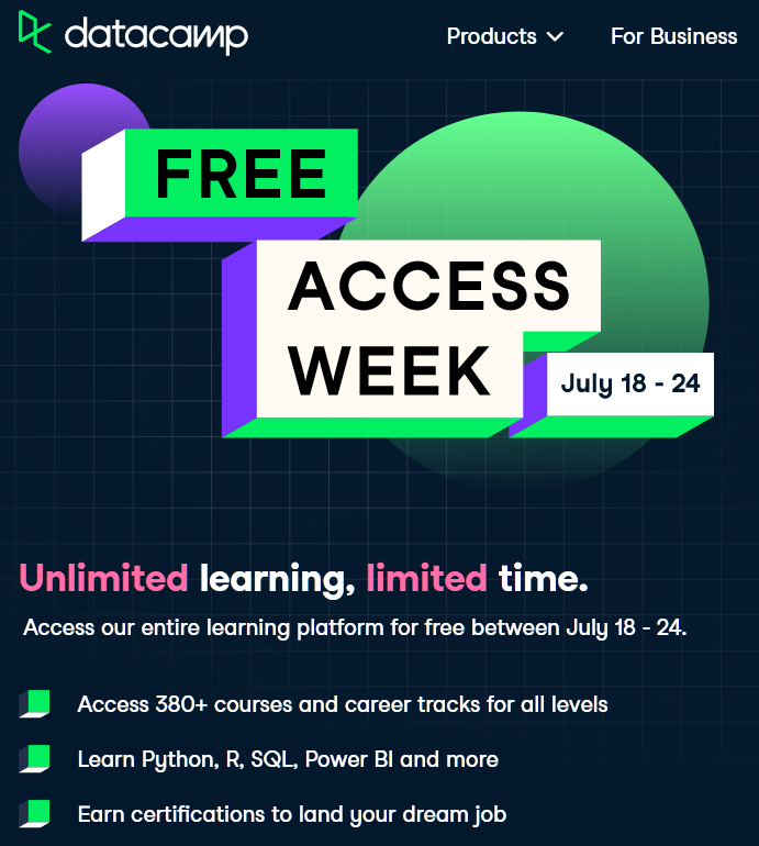One of the best eLearning portals out there #DataCamp is offering free unlimited access for a whole week! 

*Signup Link*: datacamp.pxf.io/LPBnyj

#datascience #dataviz #tableau #azure #python #AWS #DataFam #PowerBI #MachineLearning #excel #SQL #trending