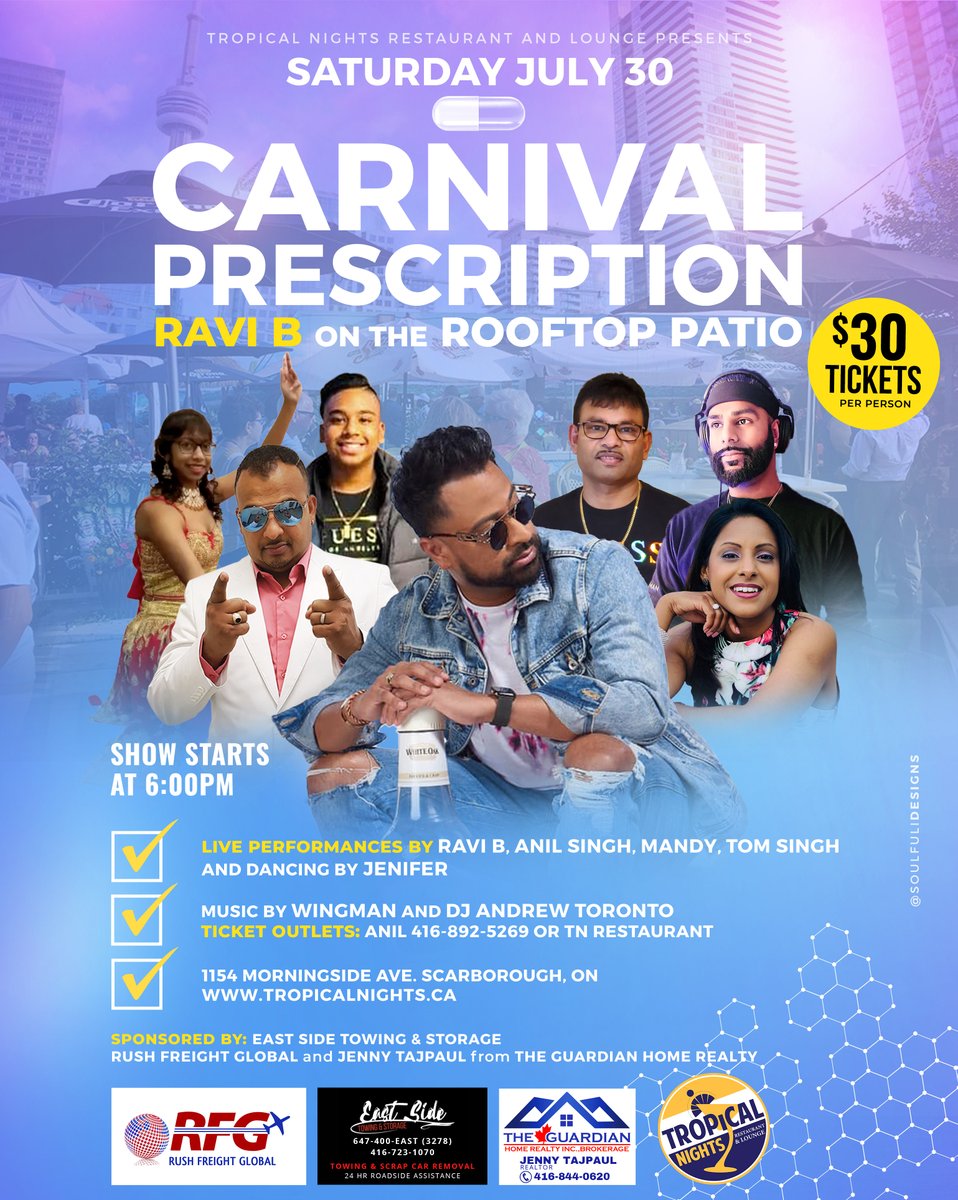 TROPICALNIGHTS_'s tweet photo. Ravi B live on the rooftop patio July 30! #RaviB 

#Carnivalprescription #torontocarnival #torontocarnival2022 #torontopatios #tropicalnightsrestaurant https://t.co/oTxHcEzs33