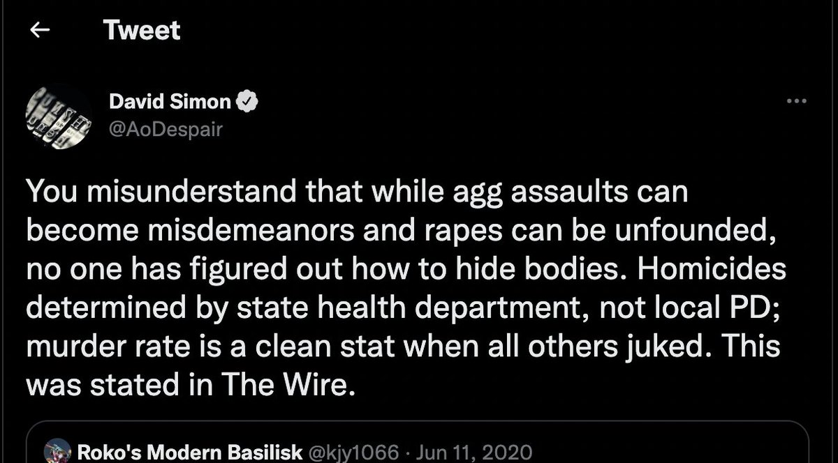 Here's something funny about David Simon: For many years, he has preached that homicide numbers are pure and can be trusted. He wrote an article on his website about it. He tweeted about it often (eg below)! 

Until Sean Suiter. Suddenly the ME's office is political.
