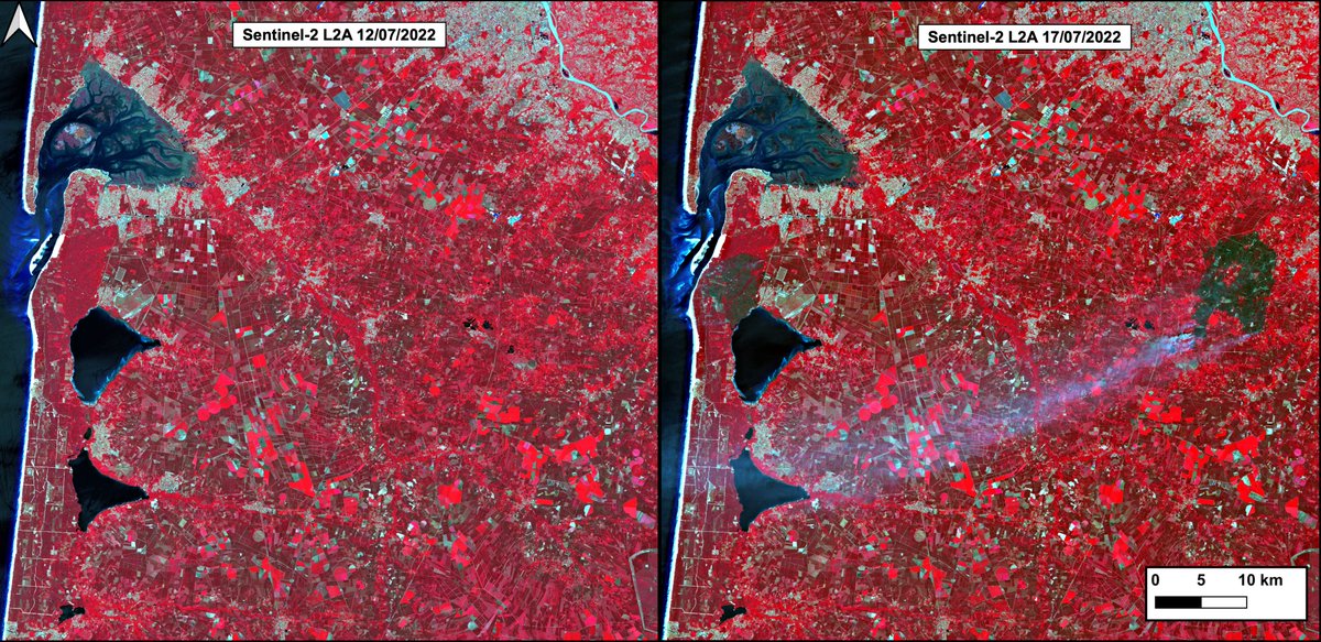 romwenger's tweet photo. Before and after fires in #Gironde ... #sentinel #remotesensing #falsecolors https://t.co/A5O5mEPdse