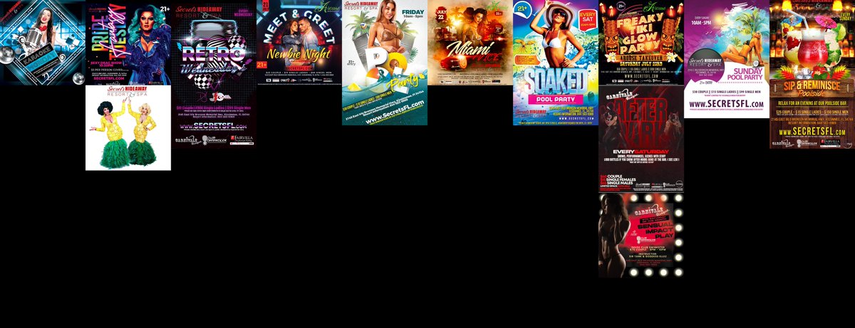 This Week at Secrets Hideaway™: Karaoke Monday, Pride Tuesday, Retro Wednesday, Meet & Greet Newbie Thursday, Friday Pool Party, Miami Vice, Saturday Pool Party, Sensual Impact Seminar, Freaky Tiki GLOW Party, After Dark in Club Swinkster, Sunday Pool Party, Sip & Reminisce