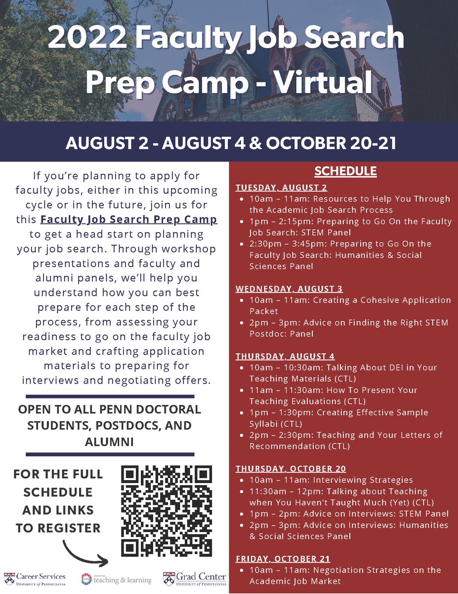 BGS Career Development (@bgs_career) on Twitter photo If you’re planning to apply for faculty jobs, either in this upcoming cycle or in the future, join @PennCareerServ <a href="/PennGradCenter/">Grad Center at Penn</a> and the Center for Teaching & Learning for this virtual two-part Faculty Job Search Prep Camp to get a head start on planning your job search! If you’re planning to apply for faculty jobs, either in this upcoming cycle or in the future, join @PennCareerServ <a href="/PennGradCenter/">Grad Center at Penn</a> and the Center for Teaching & Learning for this virtual two-part Faculty Job Search Prep Camp to get a head start on planning your job search!