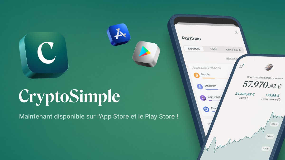 CryptoSimpleApp's tweet photo. Elle est enfin là ! 📲

C'est avec grand plaisir que nous vous annonçons le lancement de notre application mobile CryptoSimple disponible dès aujourd’hui sur :

✅Apple App Store ➡️https://t.co/ikzHWuQv99
✅Google Play Store ➡️https://t.co/I75WAgmVB2

#App #Launchday #DeFi https://t.co/l6OgPaWG3F