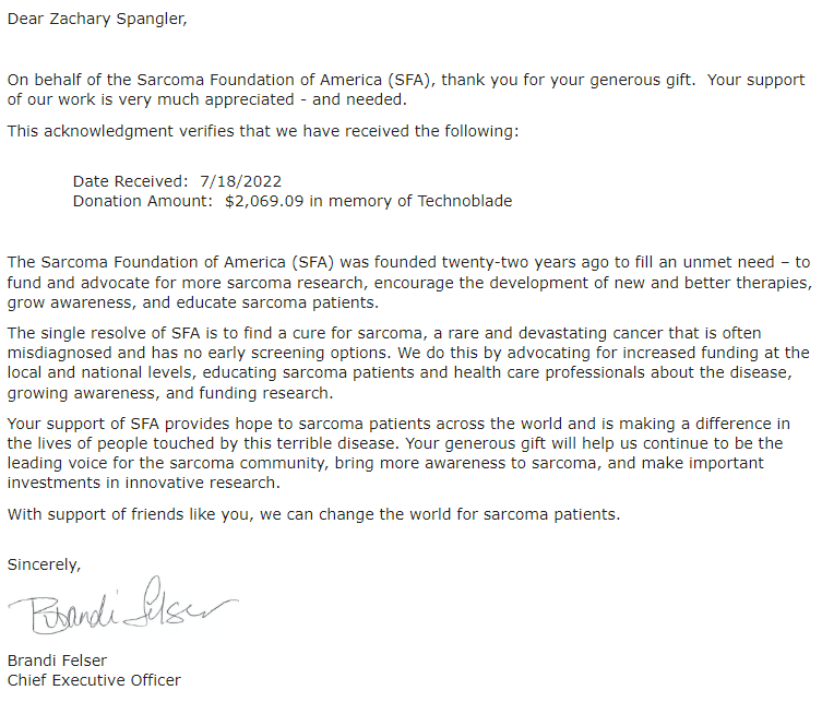 We raised $2,069.09 in a week for the Sarcoma Foundation. Good job Zachlings