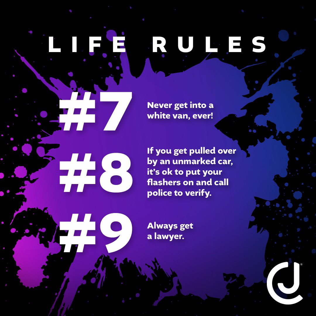 CrimeJunkiePod's tweet photo. Crime Junkies.. We know you know how to be weird, be rude, &amp; stay alive, but it’s been awhile since we’ve gone over all of the life rules! Swipe through to make sure you’re navigating life the CJ way.💜
Did you hear the rule mentioned in today’s episode? https://t.co/zzRotcpMIB