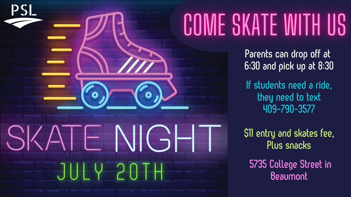 PWStudentLife's tweet photo. PSL SKATING NIGHT THIS WEDNESDAY, JULY 20th! https://t.co/dpAsEWXVkt