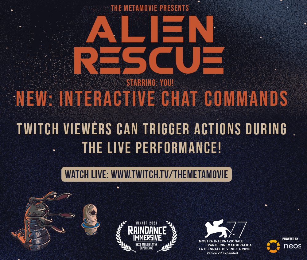#AlienRescue is constantly implementing ways for audience members to interact. Want to watch our #live #performances? #Twitch viewers can trigger actions with our new interactive chat command! 

Haven't subscribed to our twitch channel?  
Click here:
twitch.tv/themetamovie

#vr