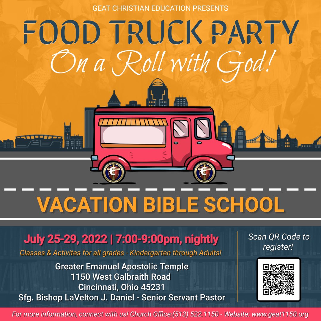 GreaterEmanuel's tweet photo. It’s VBS time!

Join the Community of Greater, July 25-29th for the “Food Truck Party: On a Roll with God!” Vacation Bible School Experience! Register today! 

#geat1150 https://t.co/GYssjrAExC