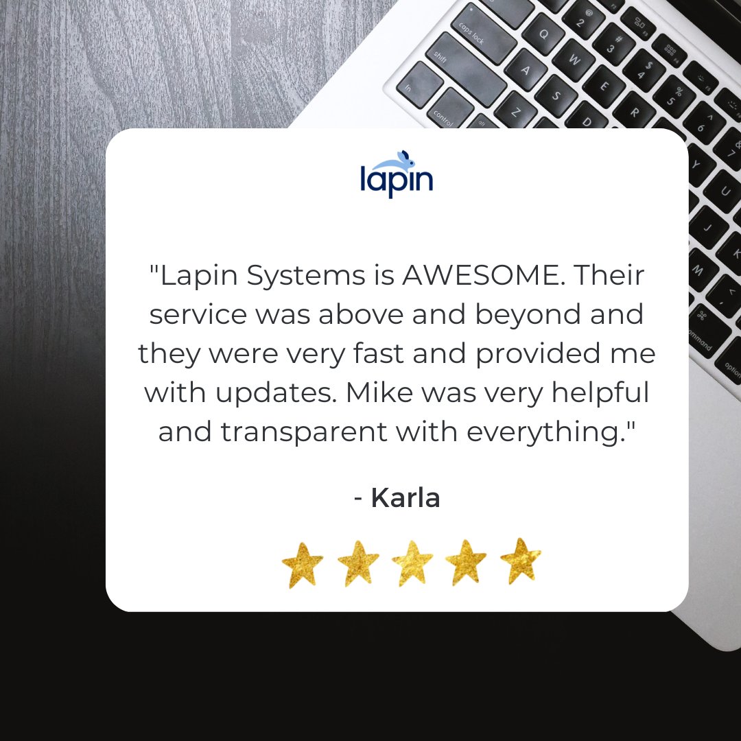 ⭐⭐⭐⭐⭐

Thank you, Karla, for taking the time to leave us a review!

Need a Mac or PC repair?
📞 312-328-9945
💻 ow.ly/O6Yz50JN3iR

#lapinsystems #macrepair #pcrepair