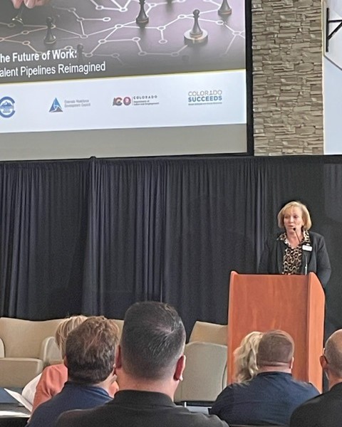 CoHigherEd's tweet photo. On Thursday, Dr. Angie Paccione gave opening remarks at @ColoradoBRT's The Future of Work: Talent Pipelines Reimagined. The event considered strategies for accelerating and creating learner-to-earner paths of opportunity to meet the workforce needs of the future. #cohighered https://t.co/1dtokYxTgw