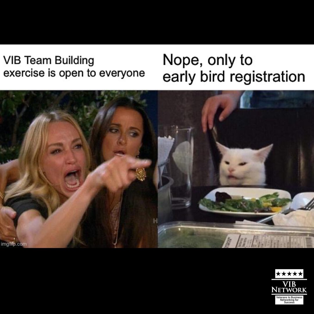 VIBNetwork's tweet image. The cat is correct - Team Building is only available for early bird registration! Don’t miss out and register today at vibconference.com #womanyellingatcat #VIBNetwork #2022VIBConference