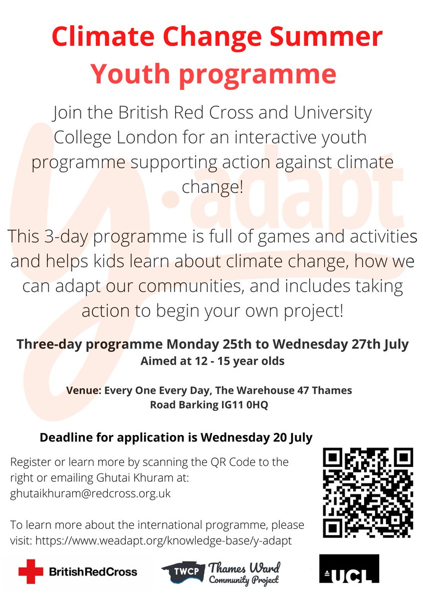 🚨We've got a FREE SUMMER PROGRAMME for 12 to 15 year olds! LUNCH PROVIDED! 👉Register: ow.ly/ZYsz50JYho0 🙌Learn about climate change in a fun and interactive way! Take action! Receive a nationally recognised British Red Cross certificate!
<a href="/BritishRedCross/">British Red Cross 🧡</a> <a href="/CASAUCL/">UCL CASA</a>