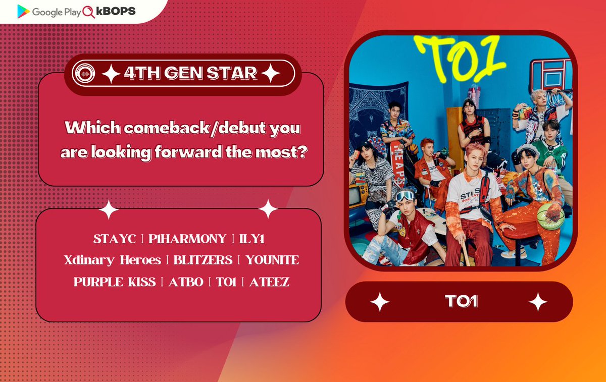 kBOPS_global's tweet photo. [📢] #kBOPS ★ 4TH GEN STAR ★ 
 
@TO1_offcl  #TO1
Comeback Date: 07/28/2022
Title Track: “𝐃𝐫𝐮𝐦𝐦𝐢𝐧'”

To vote for #TO1
DL APP 📲: https://t.co/pzf5mSuKIW

📌 Retweet &amp; Likes this post to win 5% of the total votes. https://t.co/ELlIcvdUMG