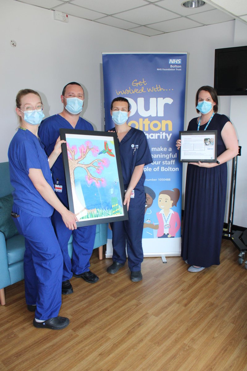 OurBolton_NHS's tweet photo. Last August some amazing young carers from @BLGCofficial supported Critical Care at @boltonnhsft by walking 100k steps each, and also produced artwork and a plaque for the team. 
Today they were finally delivered to our grateful colleagues in Critical Care by @OurBolton_NHS💙 https://t.co/2kbhU9ROdo
