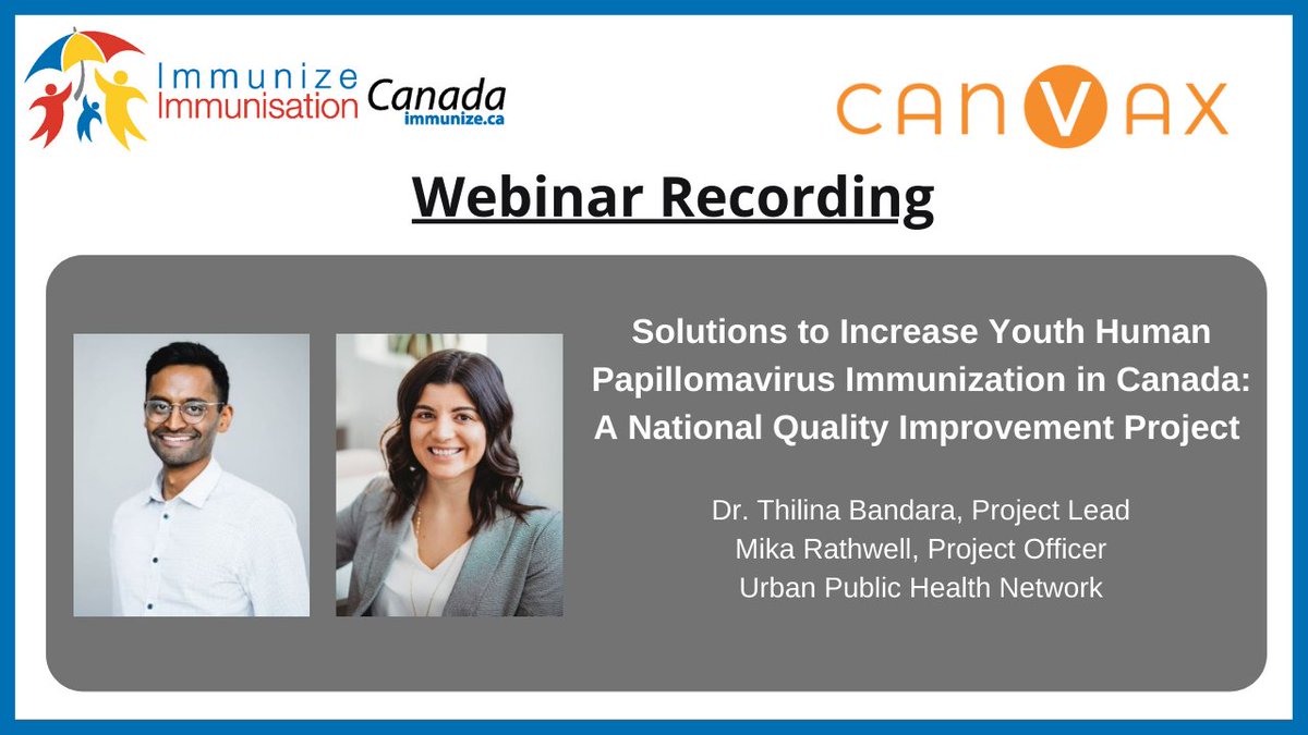 Watch our webinar 📽️ | Solutions to Increase Youth Human Papillomavirus Immunization in Canada: A National Quality Improvement Project with Dr. Thilina Bandara and Mika Rathwell from Urban Public Health Network (UPHN) | youtube.com/watch?v=3qh-yQ…

#CANVaxSeries