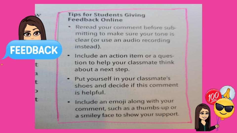 CHUHScience's tweet image. Provide these tips to your students when it is their turn to provide feedback for their classmates. #EdTechEssentials #BookSnap @CHUHTeachLearn