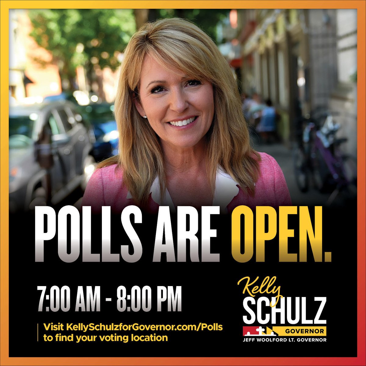 TODAY IS THE DAY, MARYLAND! Be sure to get and vote! Polls are open from 7:00AM - 8:00PM.

To find your polling location, visit KellySchulzforGovernor.com/Polls