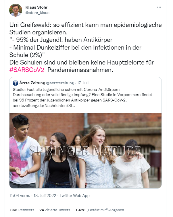 19CherryB97's tweet photo. 6/*

Best of Stöhr fails 

Am 18.07.2022 verbreitet Stöhr, dass Schulen keine Hauptzielorte für Pandemiemaßnahmen sind. Siehe Screenshot 1.

Die Studie warnt jedoch vor Schlussfolgerungen, weil man nicht weiß ob es nicht durch Infektionen kam..

Quelle:
https://t.co/ujxoX5mXl5 https://t.co/smwEbjiyiG