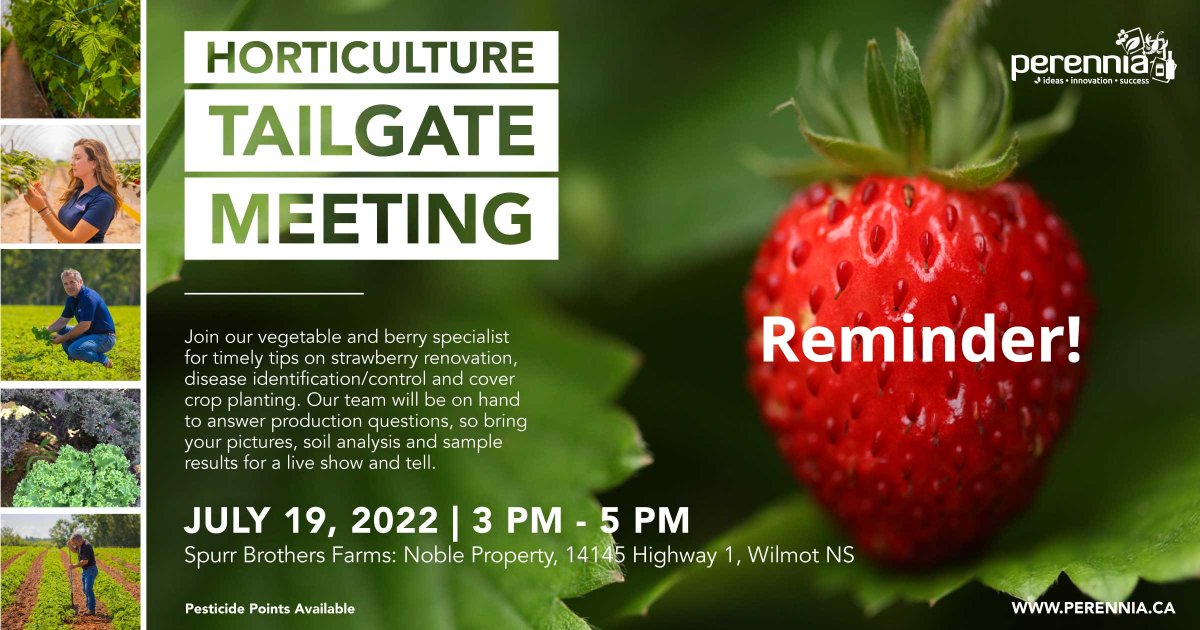 Join our Vegetable and Berry specialists on July 19th from 3-5 PM at Spurr Bros Farm (Noble Property) in Wilmot to talk the growing season, timely tips on strawberry renovation, disease identification &amp; control and cover crop planting. FREE! Register here: perennia.ca/eventer/hortic…