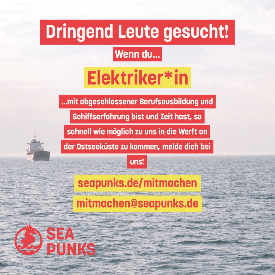 NOTFALL, Bitte teilen!
WIR BRAUCHEN ELEKTRIKER*INNEN an Bord. Wann? Ab sofort bis Mitte August. Coronabedingt sind uns leider für die kommenden Wochen ein paar helfende Elektriker*innen-Hände abhanden gekommen. 
1/2