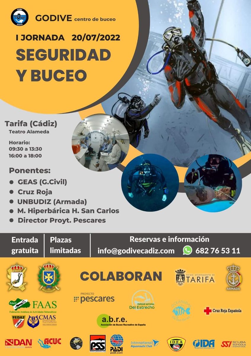 📢El 20 de julio no te pierdas la" I Jornada de seguridad en el buceo" en Tarifa organizada por <a href="/godivecadiz/">goDiveCádiz</a> con la participación del director <a href="/Proyt_Pescares/">Proyecto Pescares</a>
🌊🤿🐟🐋🌊
📅 20/07 9:30-18:00
📝Inscríbete es gratuito 👉
info@godivecadiz.com
Más información👇
proyectopescares.com/secciones/noti…