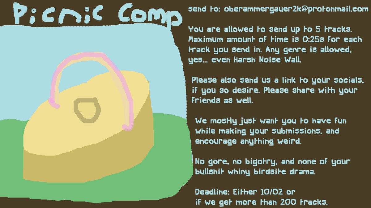 passionspiel's tweet image. #netlabel 
OBERAMMER PICNIC COMPILATION GUIDELINES!!
Deadline: 10/02 or if we get more than 200 tracks.
We are kind of encouraging shorter tracks, but if you use all maximum that's fine.