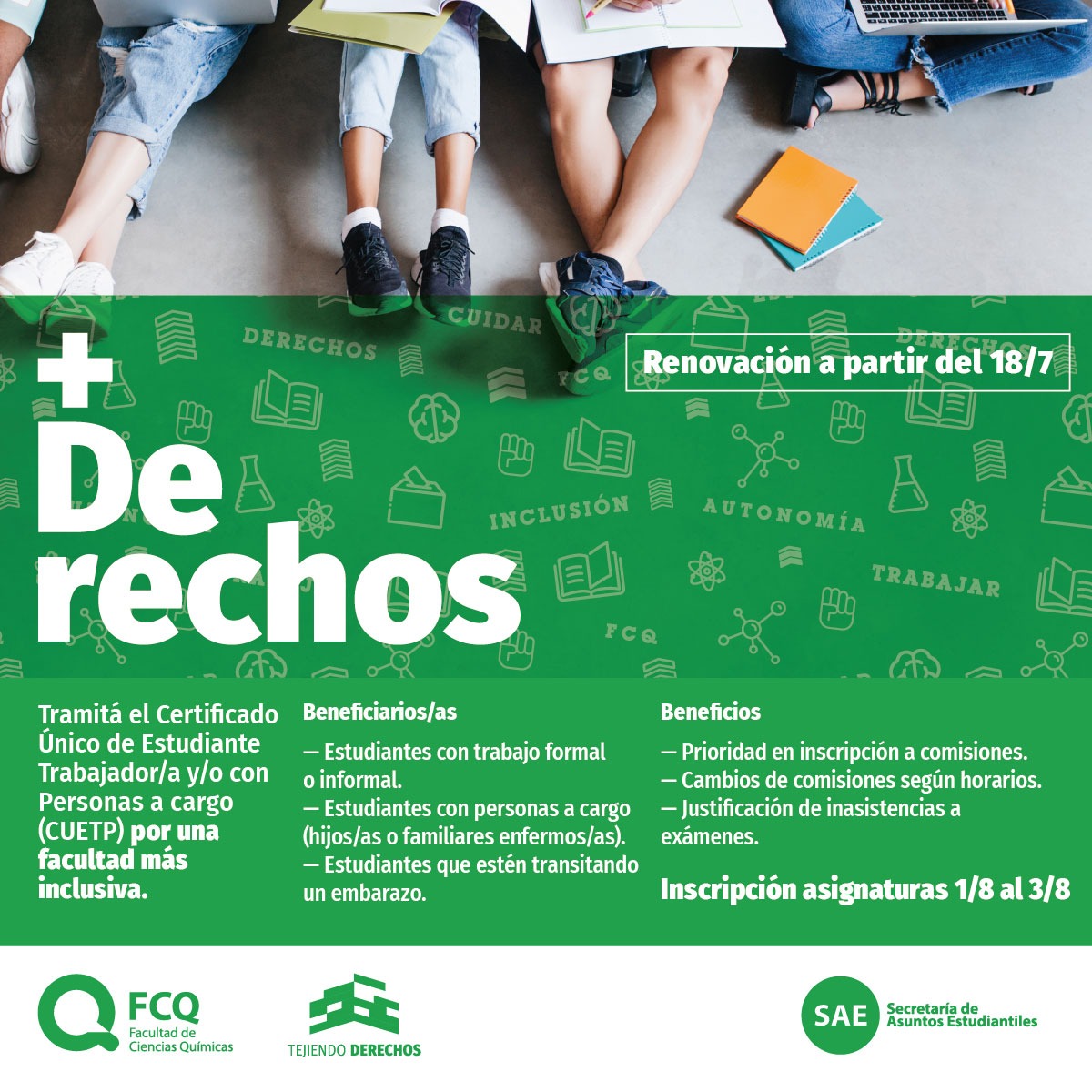 fcqoficial's tweet photo. 📲 Ya podés renovar de manera digital el Certificado Único de #EstudiantesFCQ Trabajadoras/es, Gestantes y/o con Personas a cargo.
Y recordá: del 01 al 03/08, prioridad en inscripciones a comisiones de asignaturas para estudiantes con #CUETP
+ info 👉 https://t.co/KnZn5WFpMG https://t.co/fAxScrJxuS