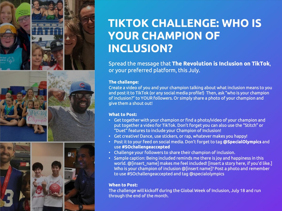 SONorthAmerica's tweet photo. Who is YOUR champion of inclusion❓
Spread the message that The Revolution is Inclusion on TikTok, or your preferred platform, this July. Don't forget to tag @SpecialOlympics & include #SOchallengeaccepted 🤝 https://t.co/xkw5lPq0xP