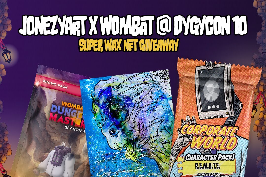 For the #Dygycon Giveaway, I will be distributing the prizes via points instead of drawing. 
#1 will get the Wombat Dungeon Master Promo pack, Monster Lover NFT and Corporate World Pack.

#2 to #10 will get a Corporate World Pack. 

Thank you for participating! :)
