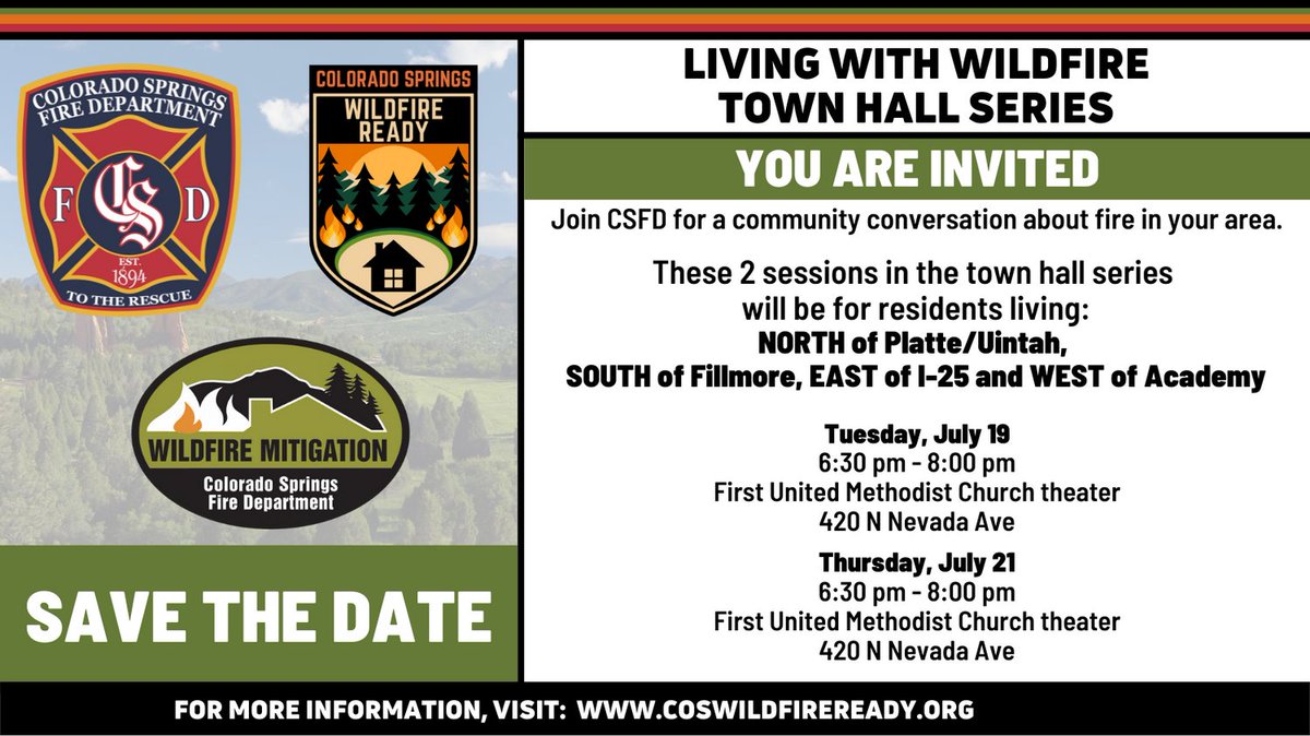 CSFDPIO's tweet image. 2 NEW town hall meetings this week on Tuesday and Thursday that will begin at 6:30pm at First United Methodist Church. Come and learn about preparing yourself, your family and your for wildfire. #ColoradoSpringsFire #COSWildfireReady