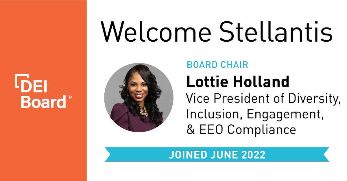 DEIBoard's tweet image. Announcing the #DEIBoard&apos;s newest member: @Stellantis! Board Chair Lottie Holland, Vice President of Diversity, Inclusion, Engagement, and EEO Compliance, will lead their membership in our exclusive community for #deileaders. Welcome!