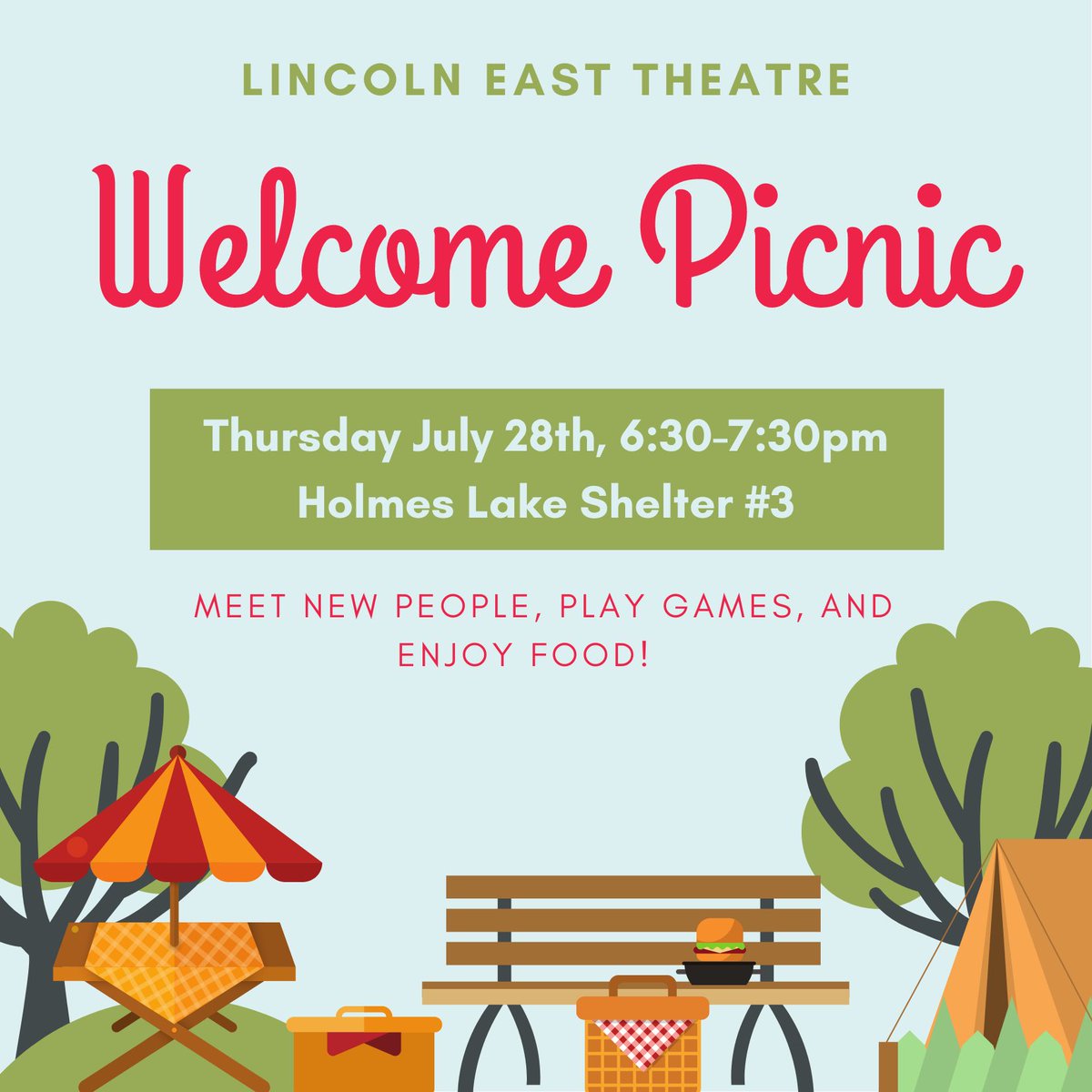 troupe3185's tweet photo. Our annual beginning of the year picnic is coming up! All incoming 9th-12th graders interested in theatre are welcome. Feel free to bring friends and family. We can’t wait to see you all! Thursday July 28th, 6:30-7:30pm, Holmes Lake Shelter #3. https://t.co/lWwipqU3Yw