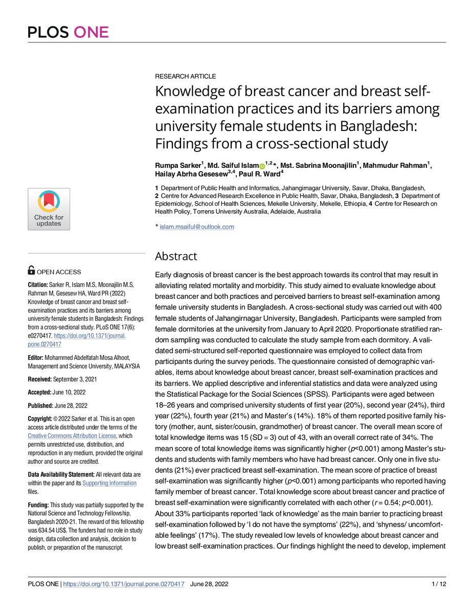 SaifulMsh's tweet image. Happy to share our findings published in
#PLOSONE: Knowledge of breast cancer and breast self-examination practices and its barriers among university  ... dx.plos.org/10.1371/journa…