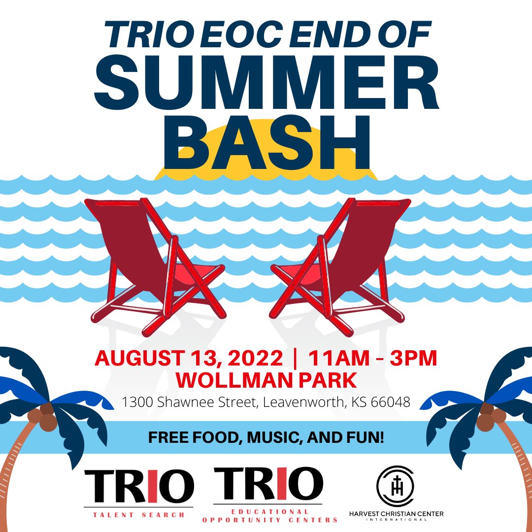Join <a href="/TRIO_EOC_KU/">KU TRIO EOC</a> at the End of Summer Bash for Leavenworth county! Free food, back to school supplies, give-a-ways, pool pass and live music! Register here: kusurvey.ca1.qualtrics.com/jfe/form/SV_4Y… <a href="/usd469counselor/">Kari Anderson</a> <a href="/USD449/">USD #449</a> @tongie464 <a href="/CityofBasehor/">City of Basehor, KS</a> <a href="/usd469/">Lansing USD 469</a> <a href="/LeavenworthPL/">Margaret Flore</a> @LeavenworthKS